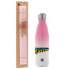 Easter Set, Metallic pink/white (Stainless steel) thermos, double-walled, 500ml & aromatic flat Easter candle (30cm) (PINK)