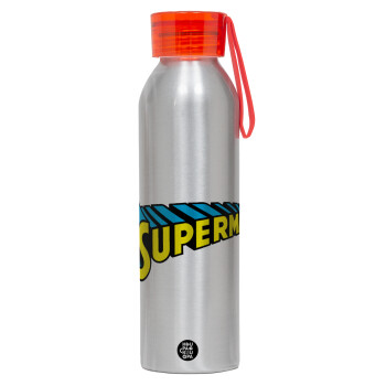 Superman vintage, Αλουμινένιο Αθλητικό Μπουκάλι 650ml – Ασημί με Κόκκινο Καπάκι και Λουράκι Σιλικόνης