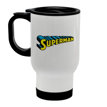 Superman vintage, Κούπα ταξιδιού ανοξείδωτη με καπάκι, διπλού τοιχώματος (θερμό) λευκή 450ml