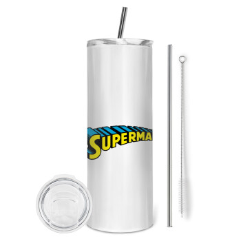 Superman vintage, Eco friendly ποτήρι θερμό (tumbler) από ανοξείδωτο ατσάλι 600ml, με μεταλλικό καλαμάκι & βούρτσα καθαρισμού