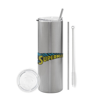 Superman vintage, Eco friendly ποτήρι θερμό Ασημένιο (tumbler) από ανοξείδωτο ατσάλι 600ml, με μεταλλικό καλαμάκι & βούρτσα καθαρισμού