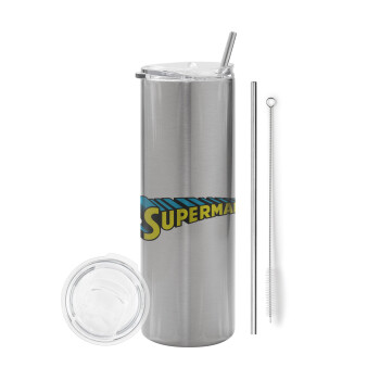 Superman vintage, Tumbler ποτήρι θερμό Ασημένιο από ανοξείδωτο ατσάλι 600ml, με μεταλλικό καλαμάκι & βούρτσα καθαρισμού