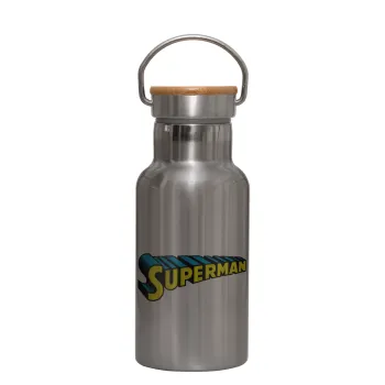 Superman vintage, Stainless steel metallic thermos flask, silver with a bamboo lid, double-walled, 350ml.