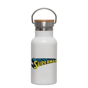 Superman vintage, Metallic thermos (Stainless steel) White with wooden lid (bamboo), double-walled, 350ml
