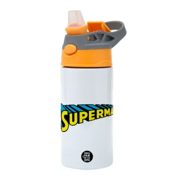 Superman vintage, Children's hot water bottle, stainless steel, with safety straw, Orange/Grey (360ml) BPA-FREE