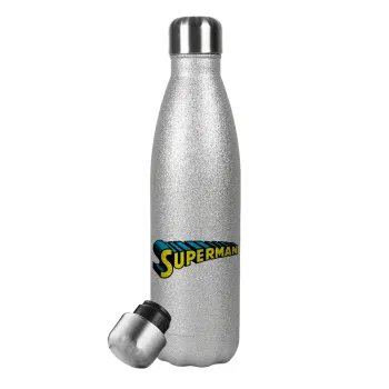 Superman vintage, Metallic Glitter Silver Thermos Flask (Stainless steel), double-walled, 500ml
