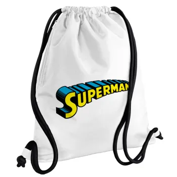 Superman vintage, Backpack pouch GYMBAG white, with pocket (40x48cm) & thick cords
