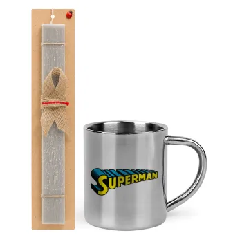 Superman vintage, Easter Set, metallic thermal cup (300ml) & Easter aromatic flat candle (30cm) (GRAY)