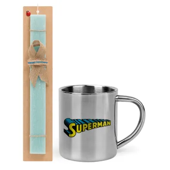 Superman vintage, Πασχαλινή Λαμπάδα με μεταλλική κούπα θερμό (300ml) & κερί αρωματικό πλακέ (30cm) (ΤΙΡΚΟΥΑΖ)
