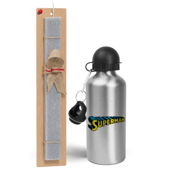 Superman vintage, Easter Set, metallic silver aluminum water bottle (500ml) & aromatic flat Easter candle (30cm) (GRAY)