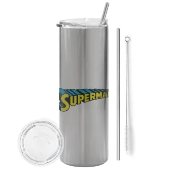 Superman vintage, Tumbler ποτήρι θερμό Ασημένιο από ανοξείδωτο ατσάλι 600ml, με μεταλλικό καλαμάκι & βούρτσα καθαρισμού