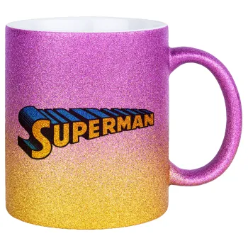Superman vintage, Κούπα Χρυσή/Ροζ Glitter, κεραμική, 330ml