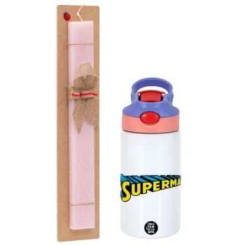 Superman vintage, Easter Set, Children's thermal stainless steel water bottle with safety straw, pink/purple (350ml) & Easter scented flat candle (30cm) (PINK)