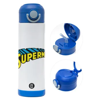 Superman vintage, Children's hot water bottle, stainless steel, with safety straw, BLUE (500ml)
