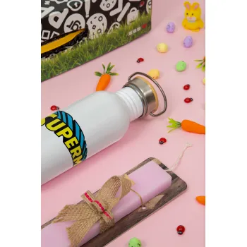 Superman vintage, Πασχαλινή Λαμπάδα με παγούρι μεταλλικό (620ml, stainless steel) & κερί αρωματικό πλακέ (30cm) (ΡΟΖ)