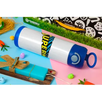 Superman vintage, Πασχαλινή Λαμπάδα με Παιδικό παγούρι θερμό, ανοξείδωτο, με καλαμάκι ασφαλείας, ΜΠΛΕ (500ml)