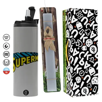 Superman vintage, Πασχαλινή Λαμπάδα με Travel Tumbler θερμό (600ml, BPA free) & κερί αρωματικό πλακέ (30cm) (ΓΚΡΙ)