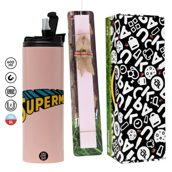 Superman vintage, Πασχαλινή Λαμπάδα με  ΡΟΖ Travel Tumbler θερμό (600ml, BPA free) & κερί αρωματικό πλακέ (30cm) (ΡΟΖ)