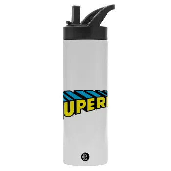 Superman vintage, Μεταλλικό παγούρι θερμός με καλαμάκι & χειρολαβή, ανοξείδωτο ατσάλι (Stainless steel 304), διπλού τοιχώματος, 600ml