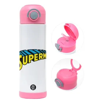Superman vintage, Children's hot water bottle, stainless steel, with safety straw, PINK (500ml)