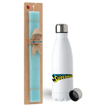 Superman vintage, Easter Set, metallic stainless steel water bottle (750ml) & aromatic flat Easter candle (30cm) (TURQUOISE)