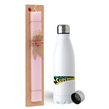 Superman vintage, Easter Set, metallic stainless steel water bottle (750ml) & scented flat Easter candle (30cm) (PINK)
