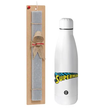 Superman vintage, Easter Set, metallic stainless thermos bottle (500ml) & scented flat Easter candle (30cm) (GRAY)