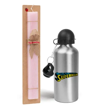 Superman vintage, Easter Set, metallic Silver aluminum water bottle (500ml) & scented flat Easter candle (30cm) (PINK)