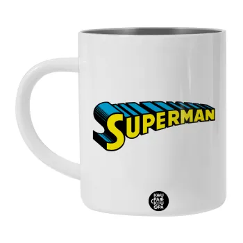 Superman vintage, Λευκή Ανοξείδωτη Μεταλλική Κούπα 450ml - Διπλού Τοιχώματος 