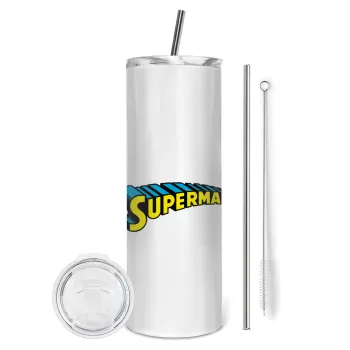 Superman vintage, Tumbler ποτήρι θερμό από ανοξείδωτο ατσάλι 600ml, με μεταλλικό καλαμάκι & βούρτσα καθαρισμού