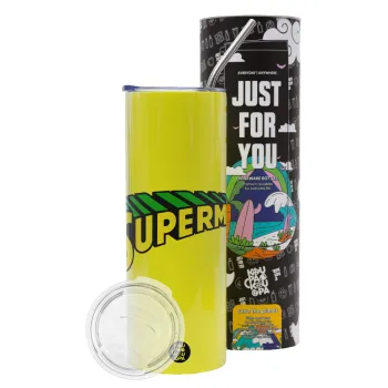 Superman vintage, Neon Yellow Travel Tumbler θερμό, μεταλλικό καλαμάκι(Ανωξείδωτο 304 Food grade, BPA free, 600ml)