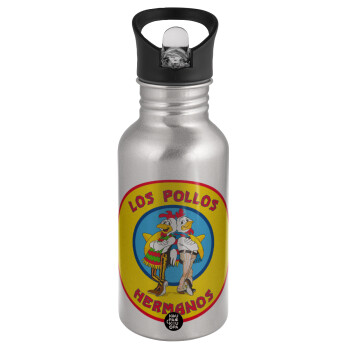Los Pollos Hermanos, Water bottle Silver with straw, stainless steel 500ml