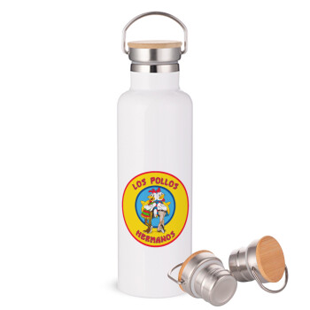 Los Pollos Hermanos, Μεταλλικό παγούρι θερμός (Stainless steel) Λευκό με ξύλινο καπάκι (bamboo), διπλού τοιχώματος, 750ml