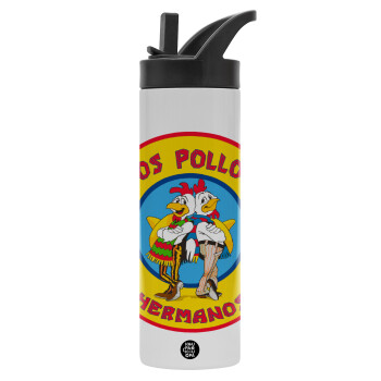 Los Pollos Hermanos, Metallic thermos bottle with straw & handle, stainless steel (Stainless steel 304), double-walled, 600ml.