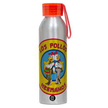 Los Pollos Hermanos, Αλουμινένιο Αθλητικό Μπουκάλι 650ml – Ασημί με Κόκκινο Καπάκι και Λουράκι Σιλικόνης