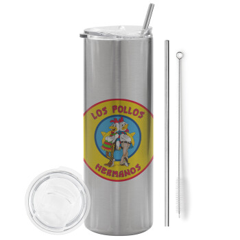 Los Pollos Hermanos, Eco friendly stainless steel Silver tumbler 600ml, with metal straw & cleaning brush