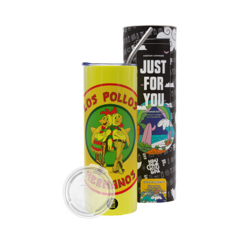 Los Pollos Hermanos, Neon Yellow Travel Tumbler θερμό, μεταλλικό καλαμάκι(Ανωξείδωτο 304 Food grade, BPA free, 600ml)