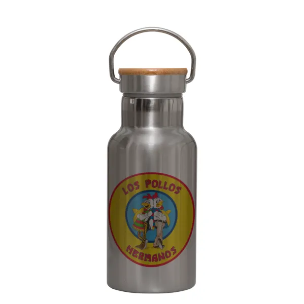 Los Pollos Hermanos — Stainless steel metallic thermos flask, silver with a bamboo lid, double-walled, 350ml.