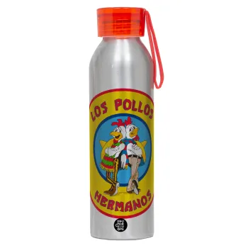 Los Pollos Hermanos, Αλουμινένιο Αθλητικό Μπουκάλι 650ml – Ασημί με Κόκκινο Καπάκι και Λουράκι Σιλικόνης
