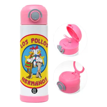 Los Pollos Hermanos, Children's hot water bottle, stainless steel, with safety straw, PINK (500ml)