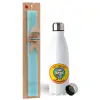 Easter Set, metallic stainless steel water bottle (750ml) & aromatic flat Easter candle (30cm) (TURQUOISE)