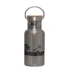 Stainless steel metallic thermos flask, silver with a bamboo lid, double-walled, 350ml.