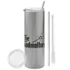 Tumbler ποτήρι θερμό Ασημένιο από ανοξείδωτο ατσάλι 600ml, με μεταλλικό καλαμάκι & βούρτσα καθαρισμού