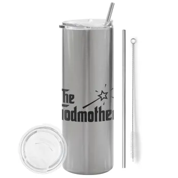 The Godmather, Tumbler ποτήρι θερμό Ασημένιο από ανοξείδωτο ατσάλι 600ml, με μεταλλικό καλαμάκι & βούρτσα καθαρισμού