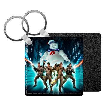 Ghostbusters team, Μπρελόκ Δερματίνη, τετράγωνο ΜΑΥΡΟ (5x5cm)