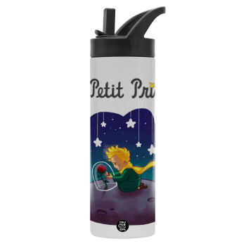 Ο μικρός πρίγκιπας, Μεταλλικό παγούρι θερμός με καλαμάκι & χειρολαβή, ανοξείδωτο ατσάλι (Stainless steel 304), διπλού τοιχώματος, 600ml