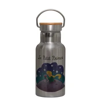 Little prince, Stainless steel metallic thermos flask, silver with a bamboo lid, double-walled, 350ml.