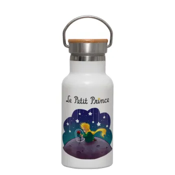 Little prince, Metallic thermos (Stainless steel) White with wooden lid (bamboo), double-walled, 350ml