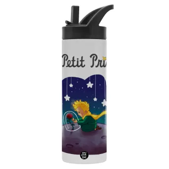 Ο μικρός πρίγκιπας, Μεταλλικό παγούρι θερμός με καλαμάκι & χειρολαβή, ανοξείδωτο ατσάλι (Stainless steel 304), διπλού τοιχώματος, 600ml