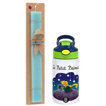 Little prince, Easter Set, Children's thermal stainless steel bottle with safety straw, green/blue (350ml) & aromatic flat Easter candle (30cm) (TURQUOISE)